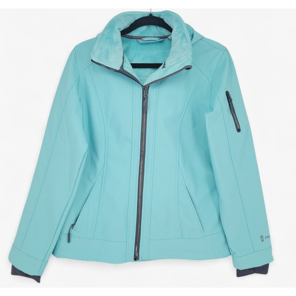 Free Country Women's Petite Medium Softshell Jacket Aqua Hooded Zip Fleece Lined - Picture 2 of 7